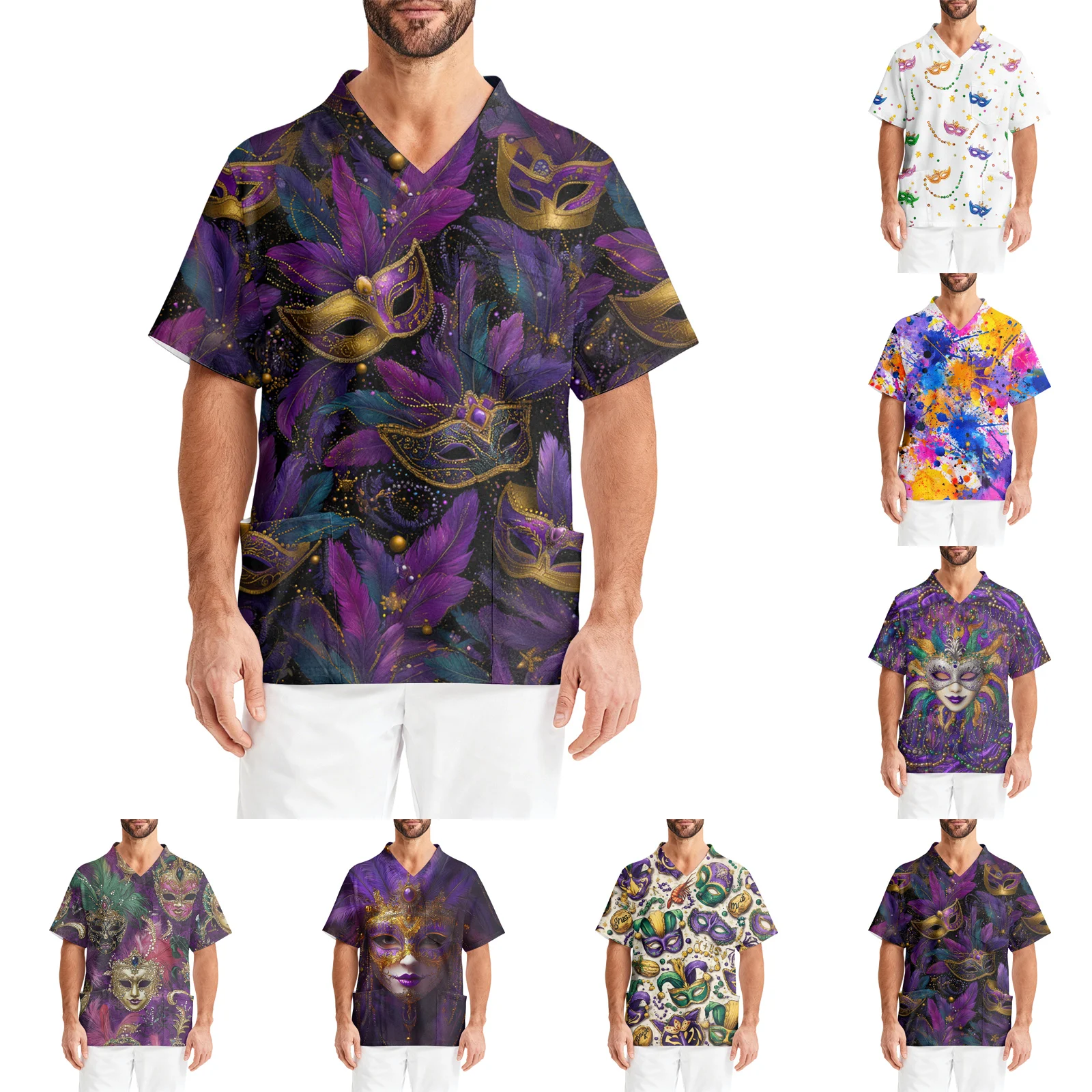 Uniforme d'infirmière à manches courtes et col en v, uniforme d'infirmière imprimé de carnaval, chemise à manches courtes pour hommes, veste de soignant de poche