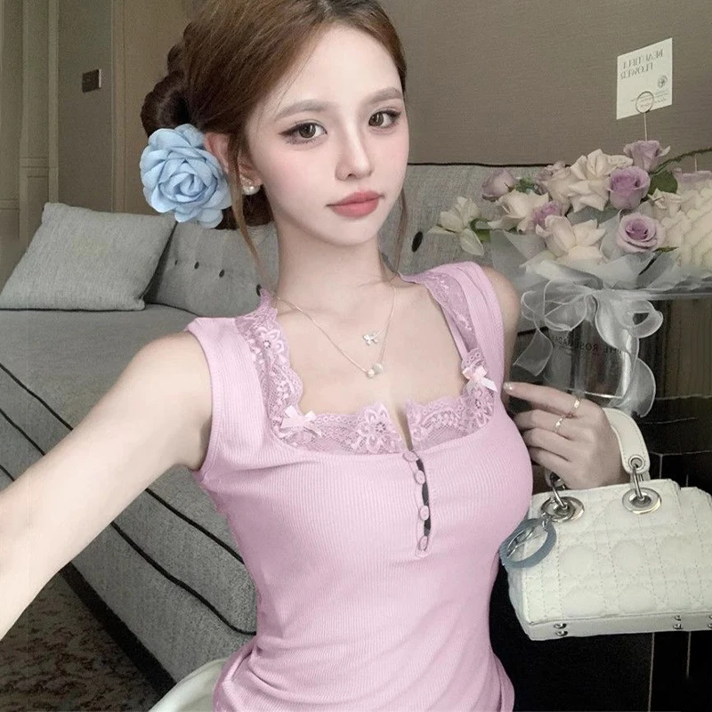 Rompi Kamisol Rajutan Trim Renda Kasual Manis Ramping Ikatan Simpul Fashion Musim Panas untuk Wanita