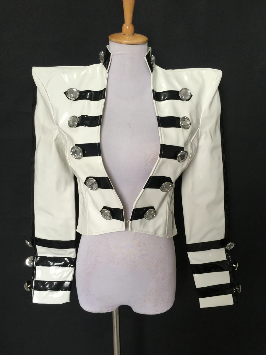 

Atmosphere Super Bright Black White Patent Peather Jacket Male Female Singers DS Stage General Short PU Coat for Performance Top