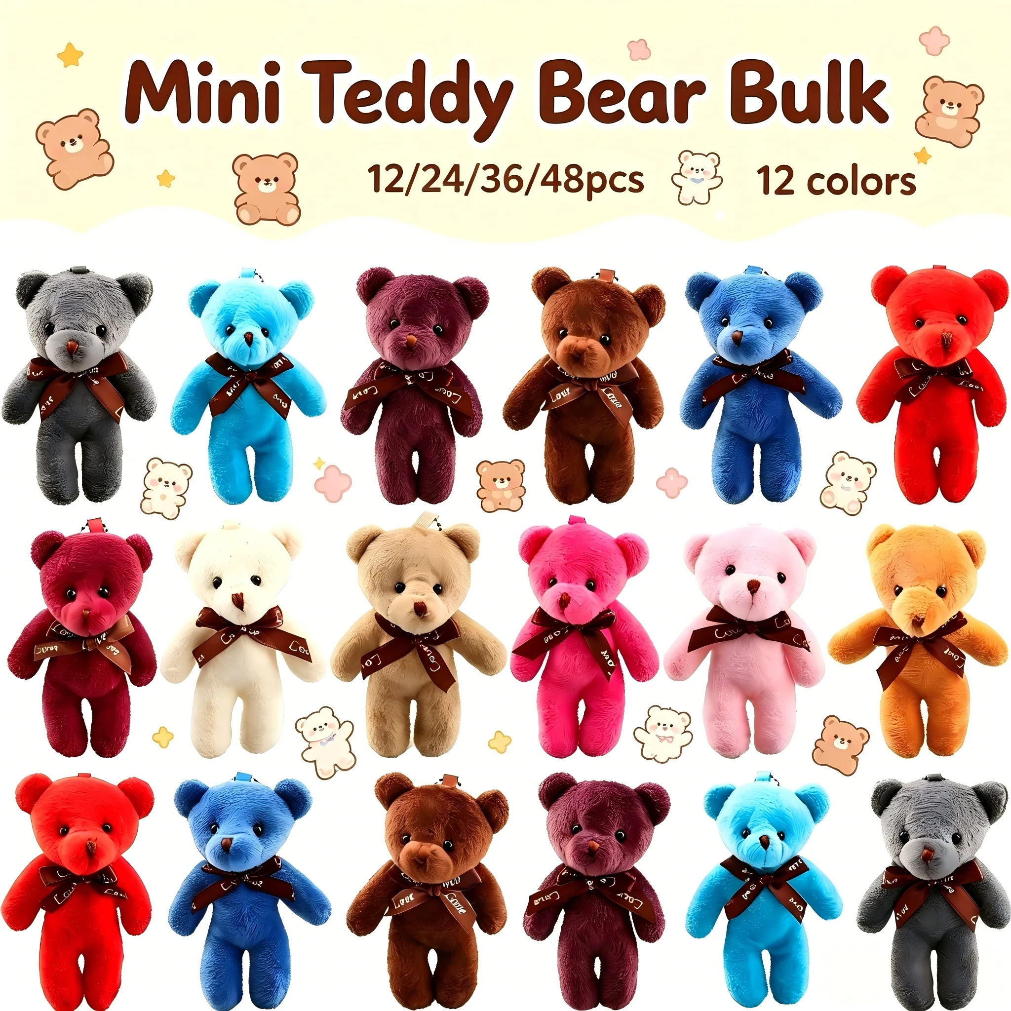 Mini Teddy Bear Plush Stuffed Bear Bulk for Keychain Craft DIY Accessory Baby Shower Wedding Birthday Gift Christmas Party Favor