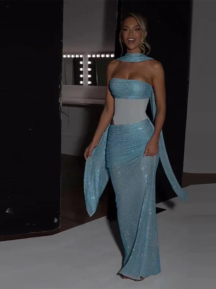 

Sexy Sequined Ribbon Dress Women See Through Sleeveless Backless Hollow Out Tube Top Dresses Female 2025 Autumn Party Robe Lady