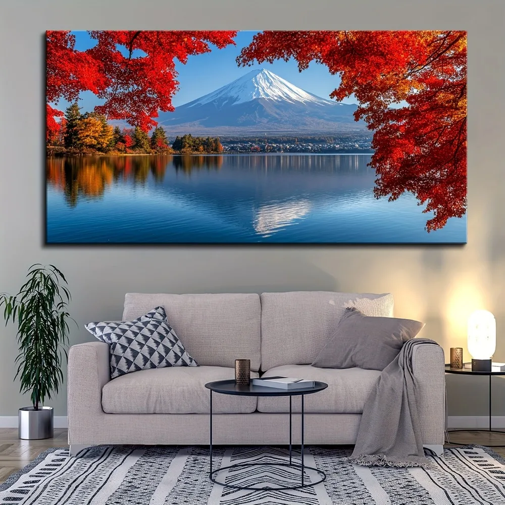 1.5 inch thick pine solid wood frame, canvas printed with the morning mist of Mount Fuji and Kawaguchi Lake, wall decoration