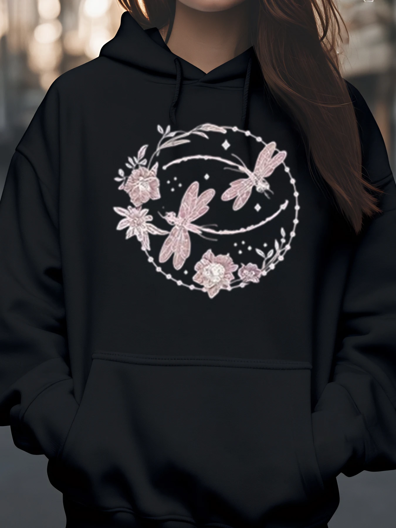 

Толстовка с капюшоном с цветочным принтом стрекозы, осенне-зимняя повседневная одежда, женская мода