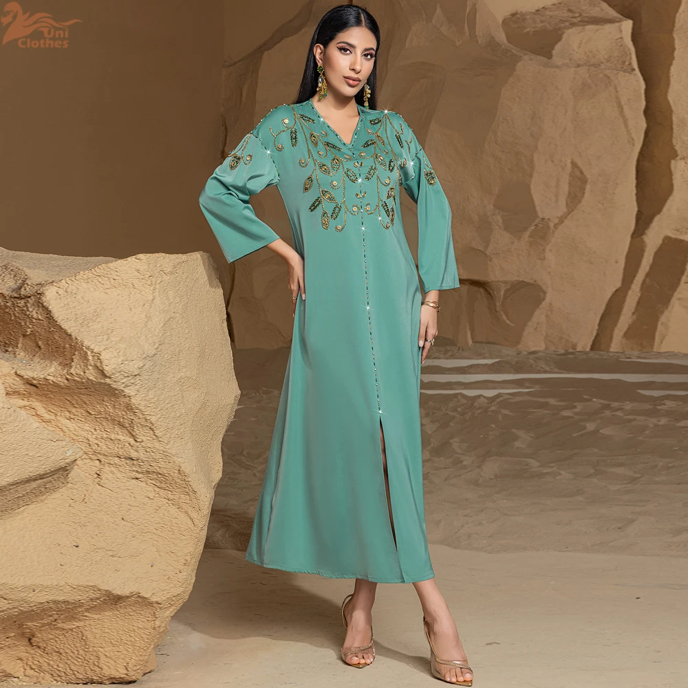 New Beaded Luxury Women Abayas Split Hem Morocco Saudi Rhinestone Decorated Luxury Woman Evening Dress