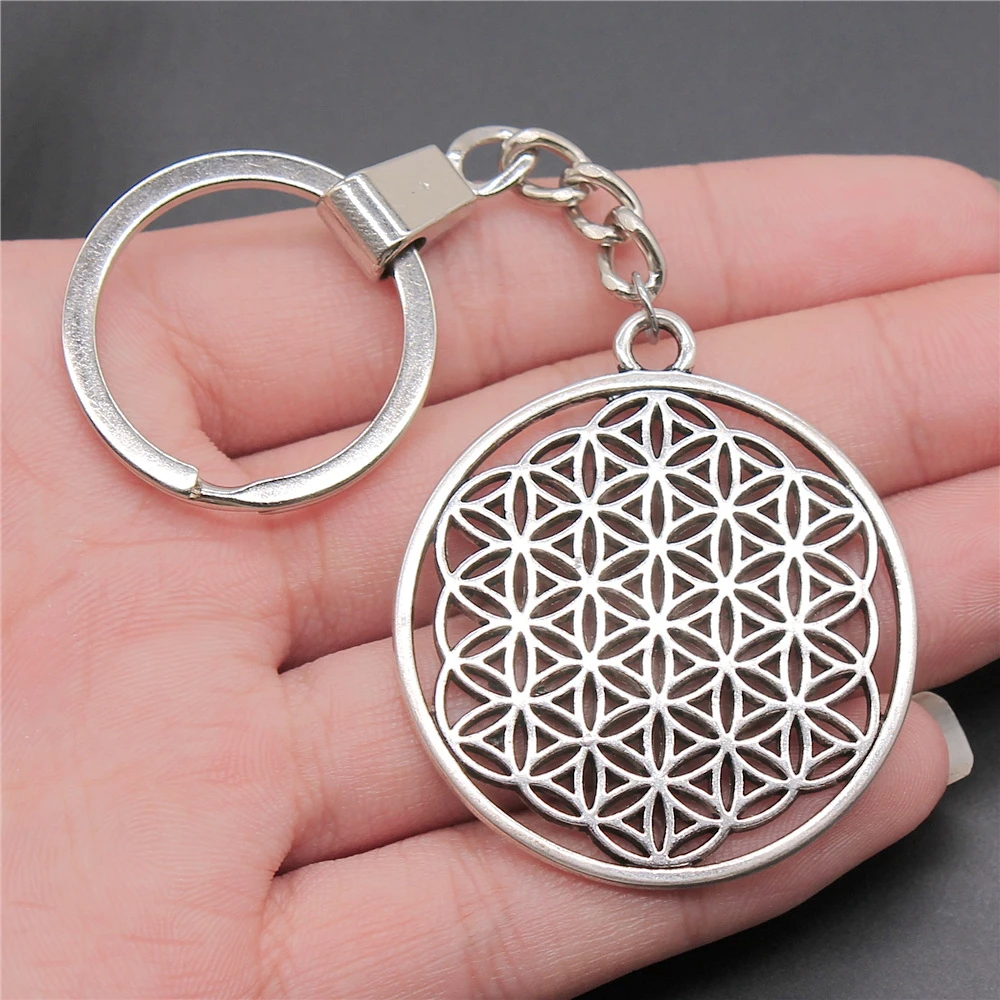 Fashion Antique Silver Color 47x42mm The Flower Of Life, The Seed Of Life Charms Pendants Key Chain Keyring For Men & Women