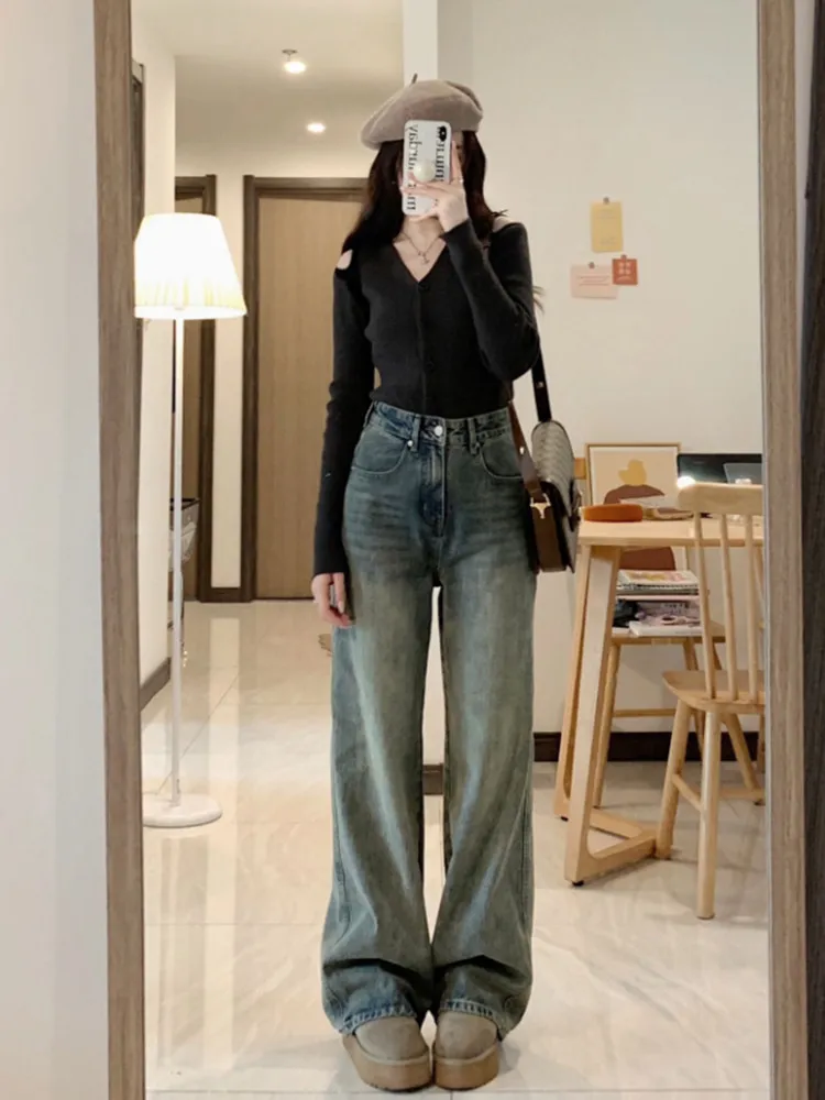 

Retro American High Street Faded Denim Jeans Women Early Spring High Waist Slim Wide Leg Straight Tube Long Trousers Trendy