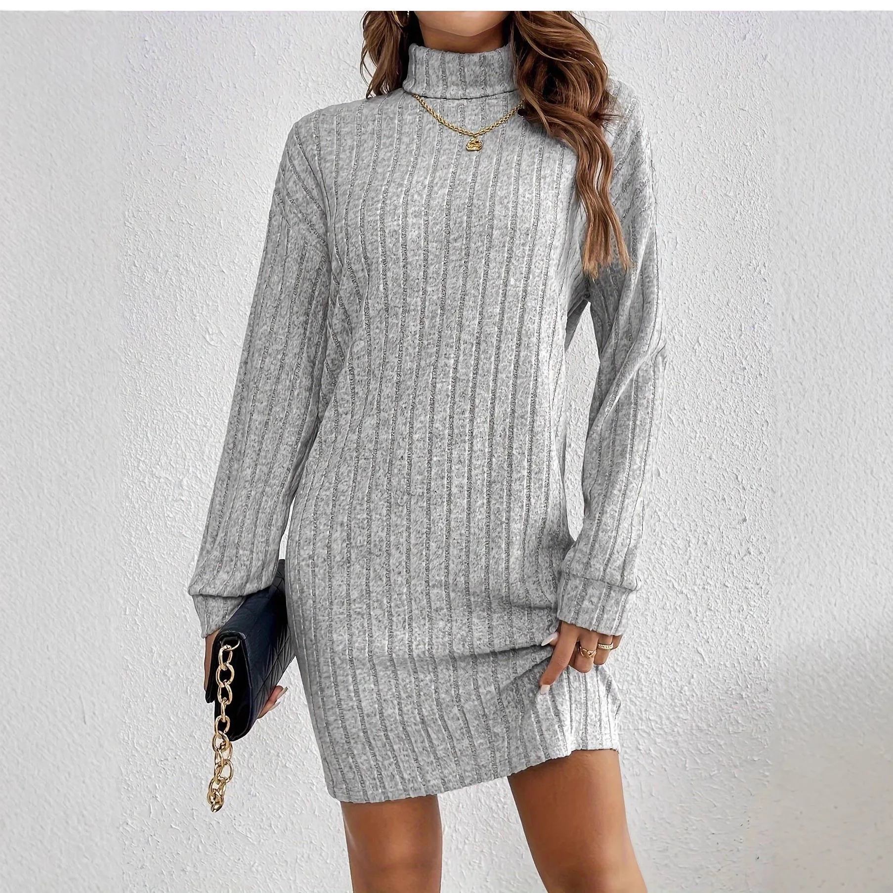 2025 otoño cuello alto largo Sve Brued rayas Midi Dr mujer Faionable tejido cintura alta A-Line Dr