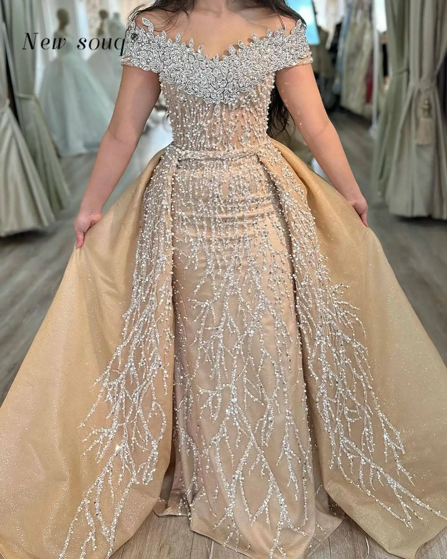 Champagne Off Shoulder Evening Dresses with Detachable Train Customized Arabic Two Pieces Beaded Formal Wedding Party Gowns