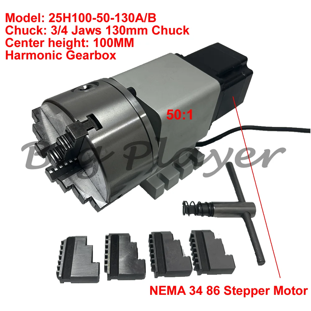 130MM Chuck CNC 4th Axis - 50:1 Harmonic Reducer Gearbox Stepper Motor Indexing Head