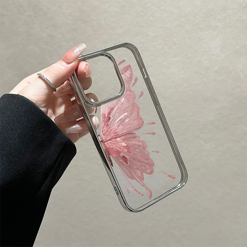 Pink Butterfly Necklace Phone Case for iPhone 16 15 14 13 12 11 Pro Max XS X XR 8 7 Plus SE Y2K Soft Clear Cover
