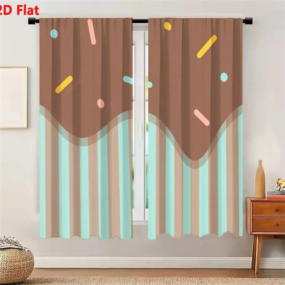 2Pcs Curtains 2D Flat Chocolate Icing With Colorful Sprinkles And Alternating Vertical Stripes Sweet Dessert Illustration Window
