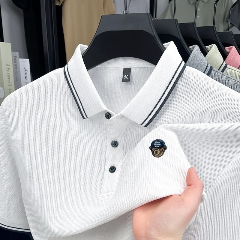 

Мужская рубашка-поло премиум-класса из 100 хлопка, футболка с короткими рукавами и лацканами, высококачественная изысканная модная универсальная мужская одежда с принтом медведя
