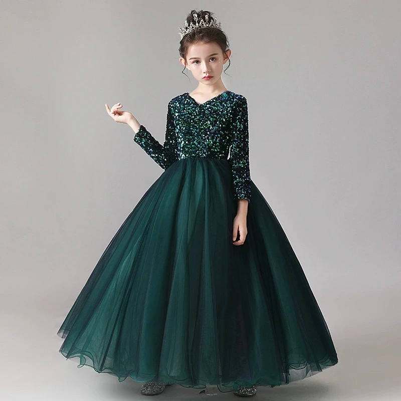 

Элегантное длинное платье с пайетками для девочек, зеленое вечернее платье для свадьбы, выпускного бала, торжественных мероприятий и банкетов.