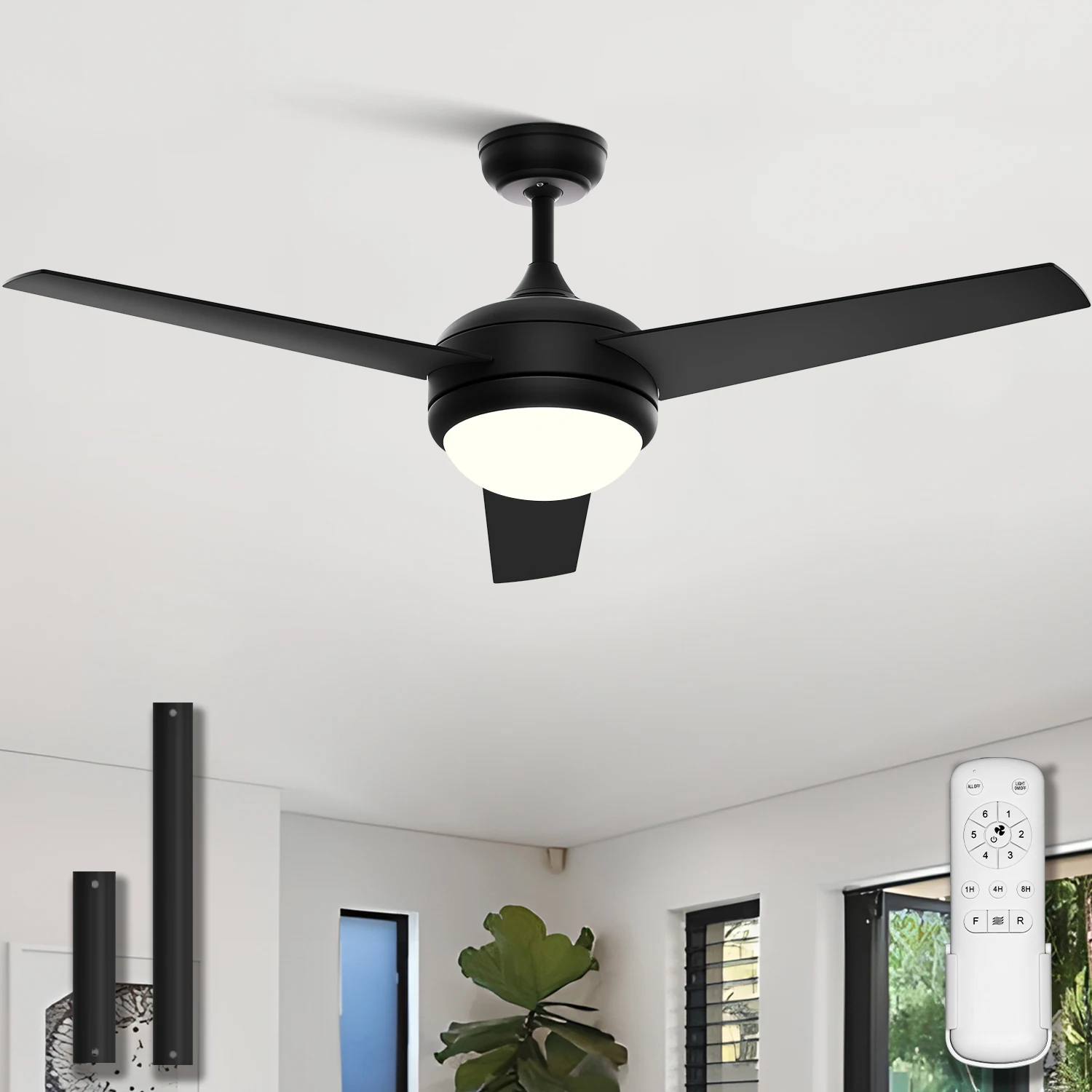 

LUNA 52" Ceiling Fan with Light & Remote Control, 3 Blades 6-speed Low Profile Ceiling Fan Fixture Black