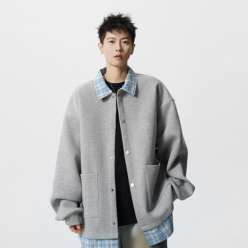 

Мужская искусственная куртка из двух частей | Плед воротник | Закрытие кнопки | Свободный крой | Модный повседневный стиль | Повседневная одежда 7.