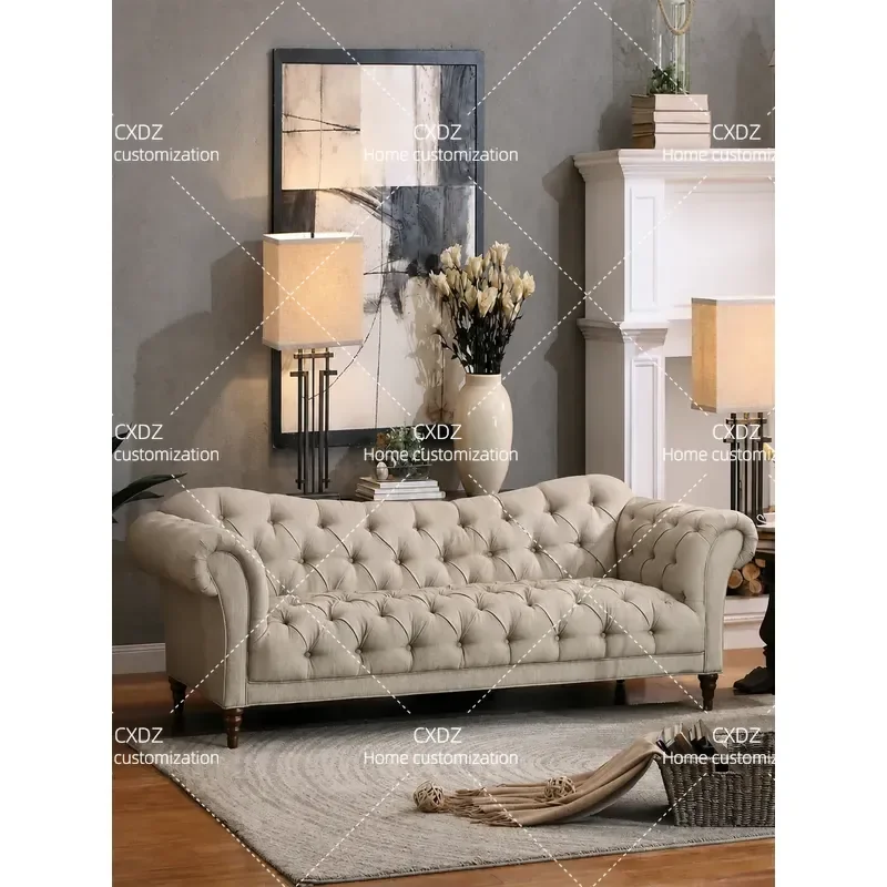 Rural Solid Wood Fabric Sofa Set for Small Apartment Living Room Simple Buckle Design Single Double Triple Seater Couch