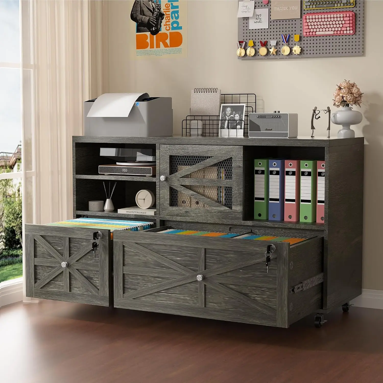 2 Drawer Farmhouse File Cabinet with Lock, Mobile Lateral Filing Cabinet for Letter/Legal/A4 Size, Open Storage Adjustable Shelf