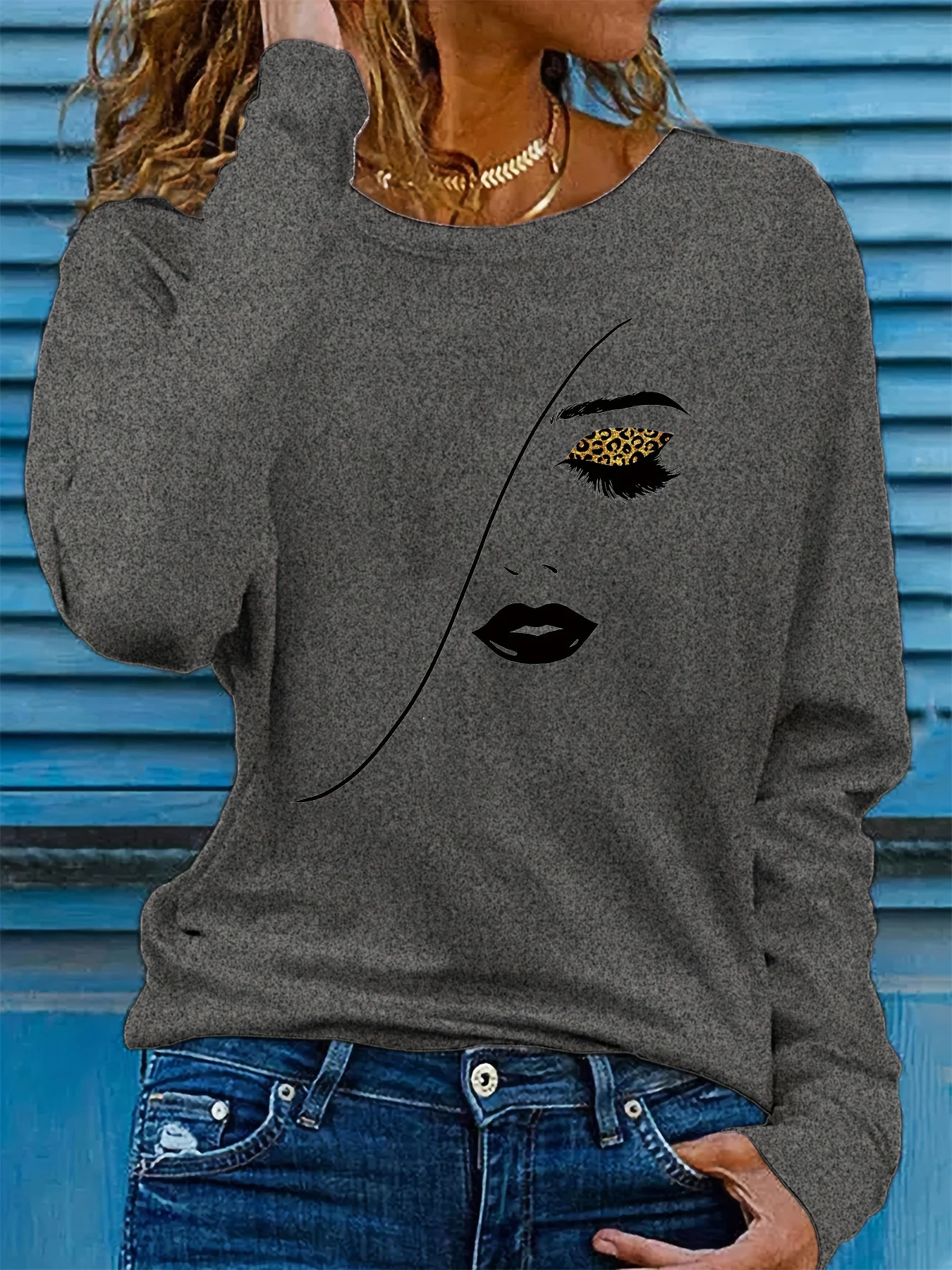 Camiseta 100% de algodón puro para mujer, camiseta informal cómoda de manga larga con estampado de retrato y cuello redondo para primavera y otoño