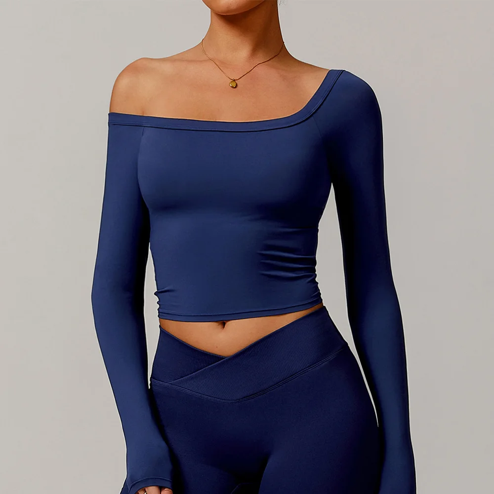Spring and Autumn Sexy One Shoulder Long Sleeve Brushed Tight Fitness Yoga Long Sleeve T-Shirt for Women