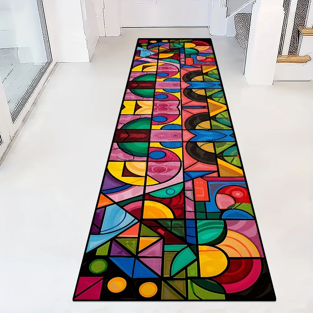 Colorful Geometric Stained Glass Kitchen Bath Mat, Non-Slip Soft Absorbent Long Floor Rug with Abstract Art Pattern for Home
