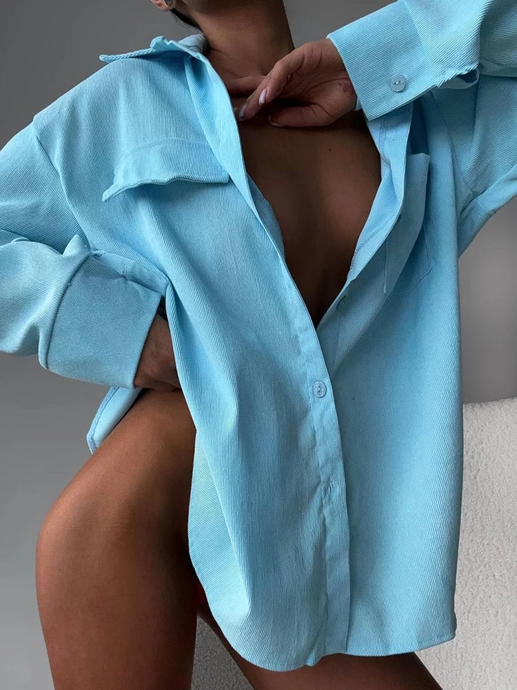 المرأة عادية التلبيب بأكمام طويلة بلون تي شيرت موضة جيب ركاب قمة الخريف الحد الأدنى سروال قصير قميص واحد الصدر #2