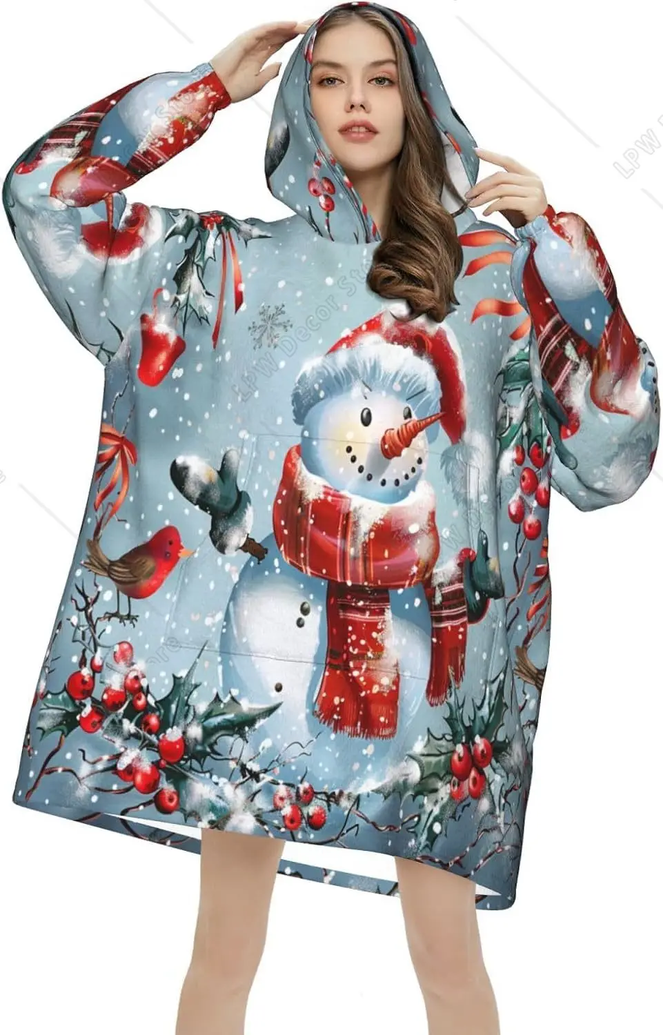 Christmas Snowman Wearable Blanket Hoodie Winter Snowman Berry Oversized Sweatshirt Blanket Cozy Warm Sherpa Hooded Blanket