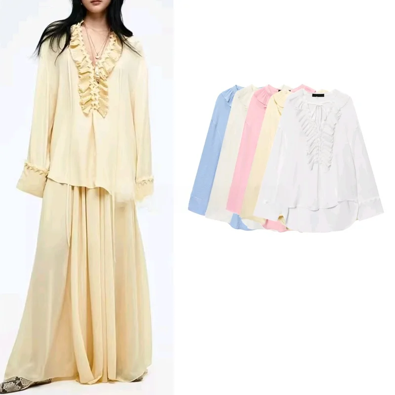 

Summer New Women's Loose Long Sve V-Ne n Sle irt Dring Gown Polyester Fiber Commute Sle Pure Color