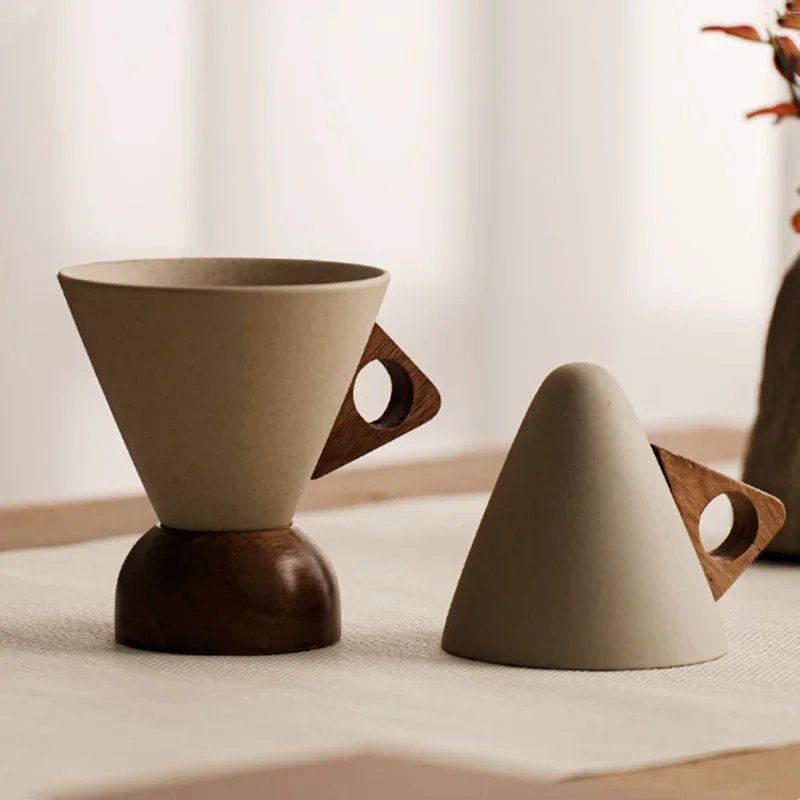 Wooden Handle Funnel-shaped Ceramic Cup, Vintage Coarse Ceramic Coffee Cup Set, Triangular Conical American Latte Specific Cup
