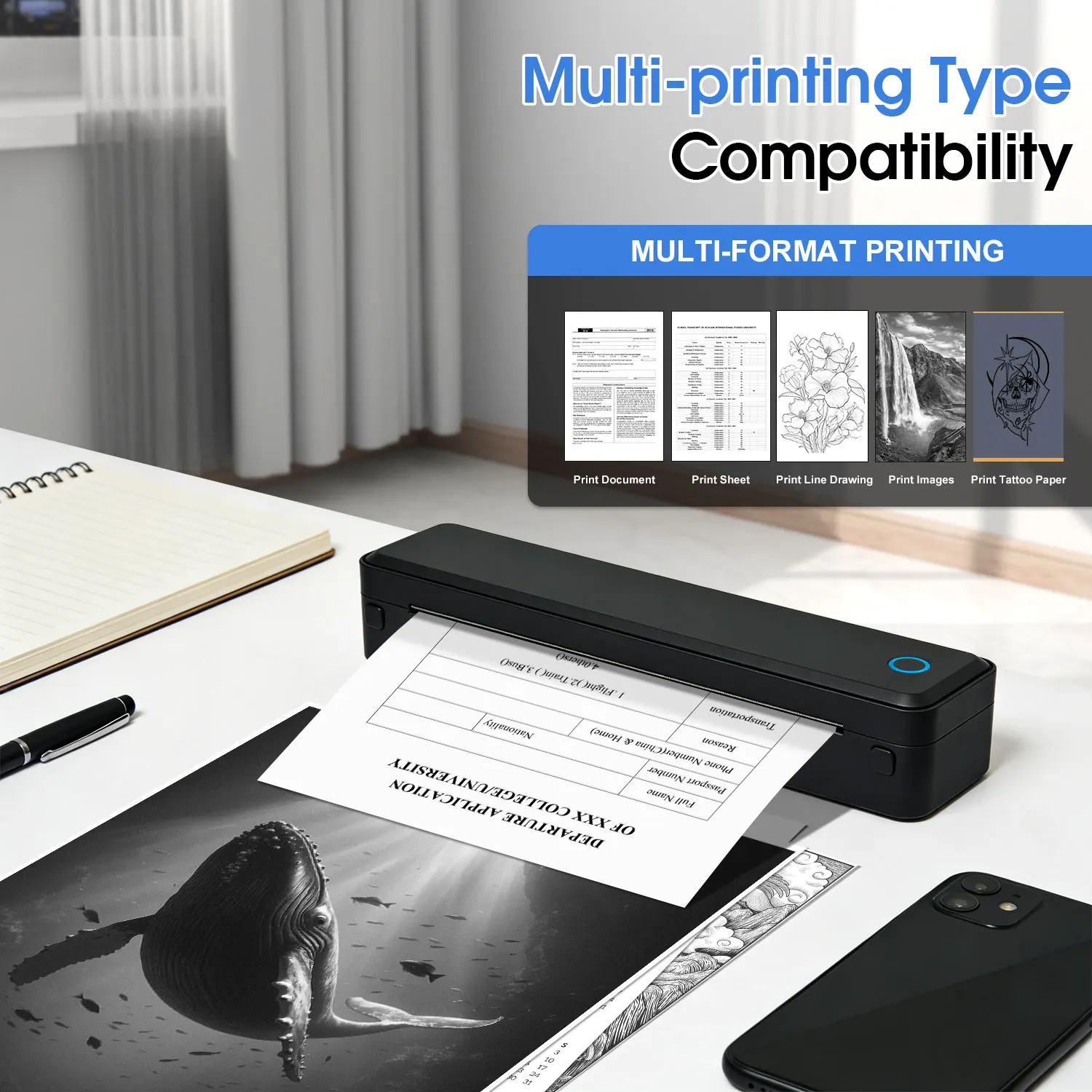 

203dpi A4 Thermal Printer - Wireless Bluetooth & USB, Inkless for Tattoo Stencils & Documents