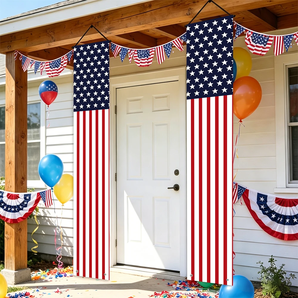 1 Juego de pancartas para porche con bandera americana, cortina de puerta de poliéster con diseño de estrellas y rayas para el Día de la Independencia, decoración para puerta delantera y porche