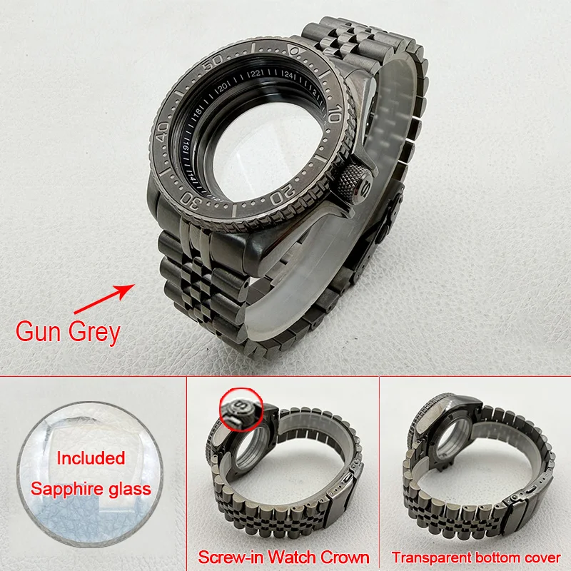 42mm Mod Gun Grey SKX007 SRPD Replace Case and Stainless Steel Watch Stap Kits Fit NH35 Movement Men Diving Watch Cases Custom