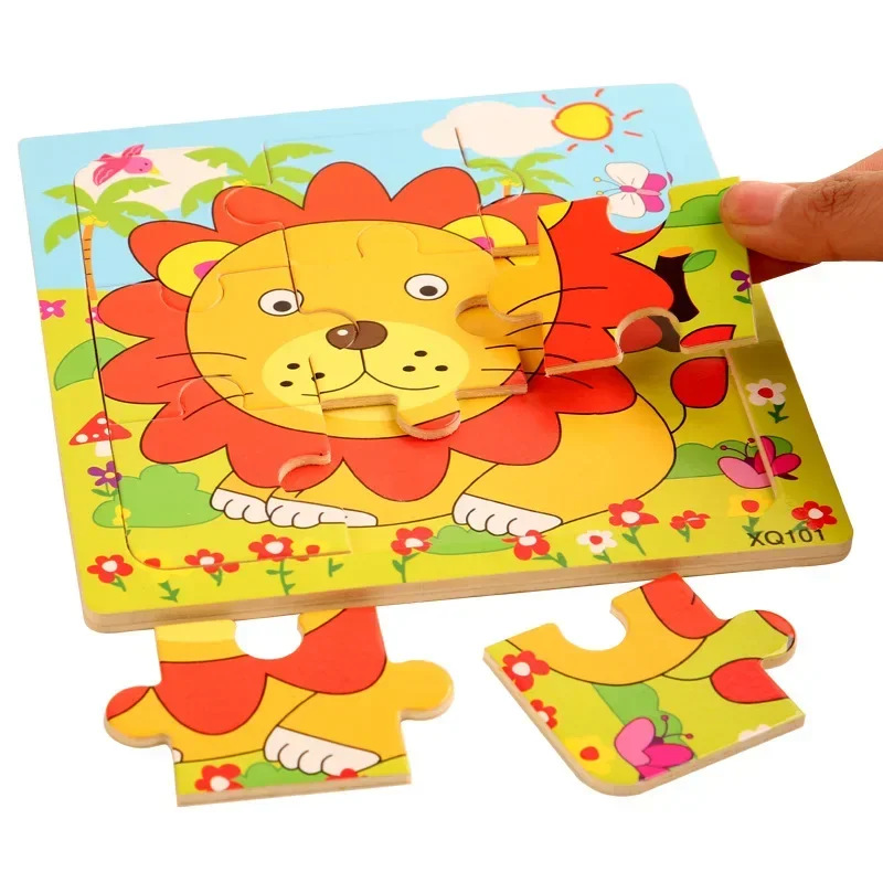 14*14CM Kids Wooden Puzzle Cartoon Animal Traffic Wood Puzzle Toys Educational Jigsaw Toys for Children Gifts Baby Toys 9 Pieces