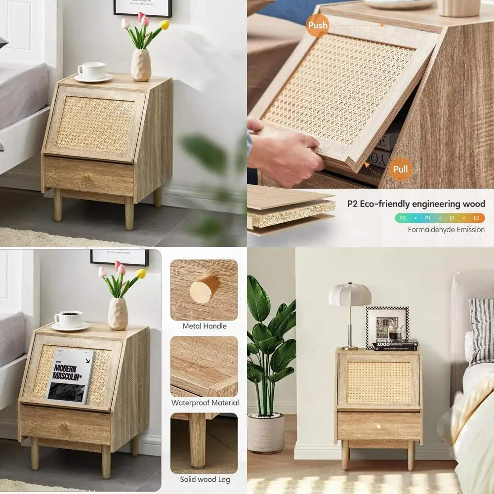 

Тумбочка из ротанга в стиле бохо с выдвижным ящиком и местом для хранения вещей, современная прикроватная тумбочка для спальни, ножки из массива дерева, идеальный приставной столик для бо