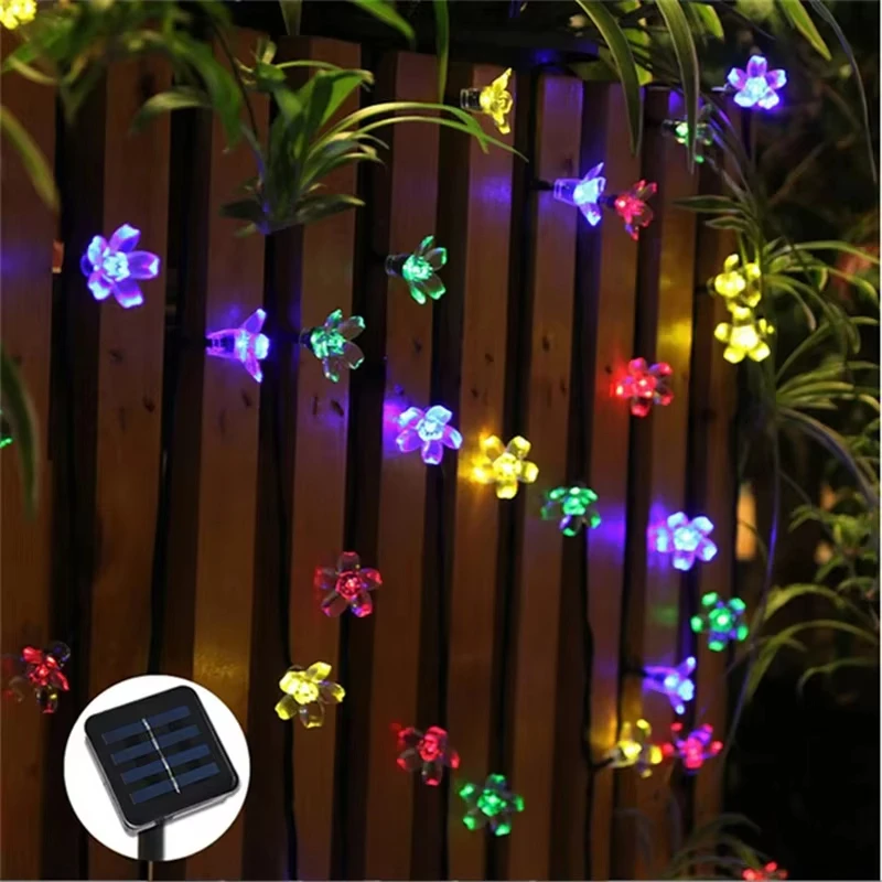 Solar Lamp Power Peach Sakura Flower LED String Fairy Lights Solar Garlands Garden Christmas Decor For Outdoor