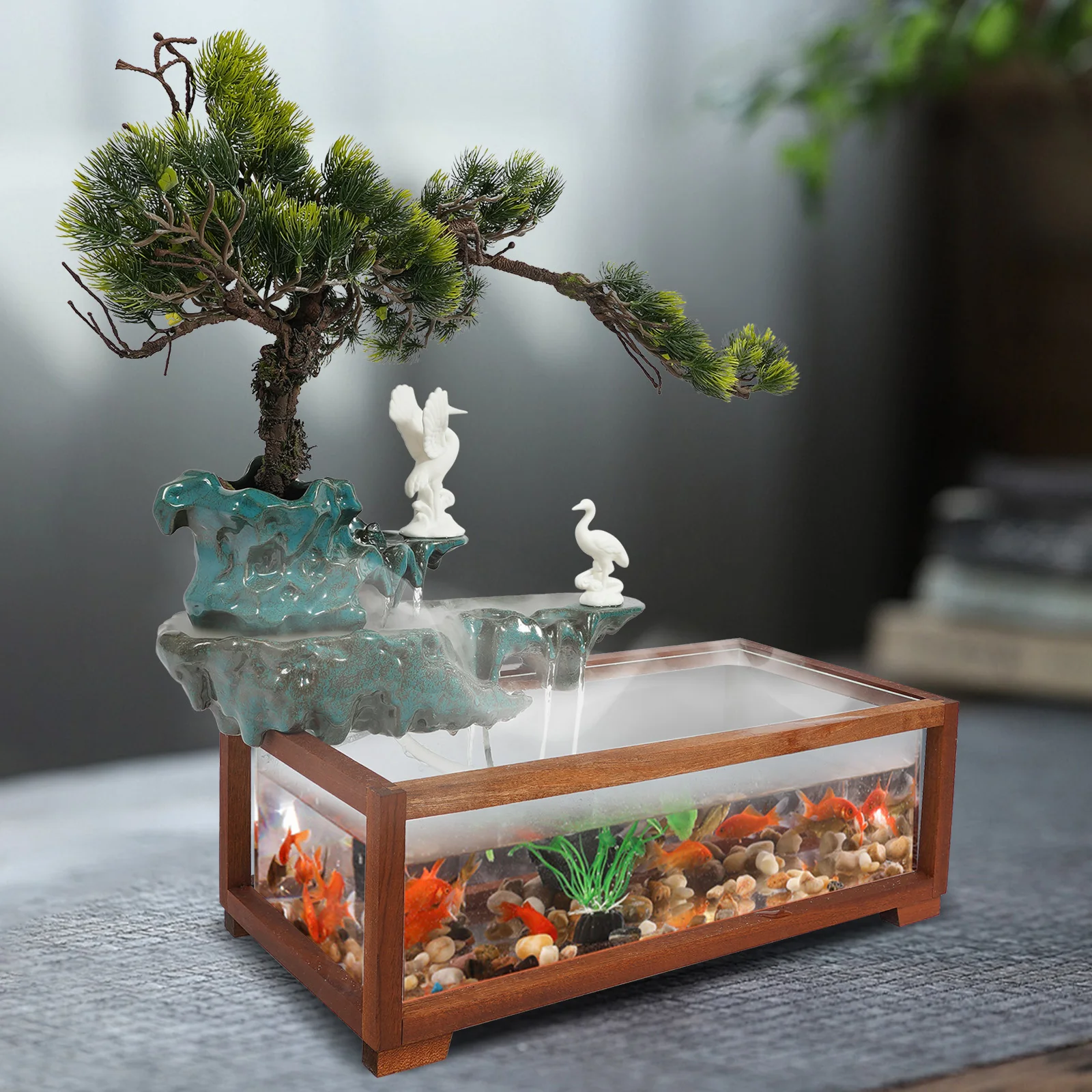

Tabletop Iron Water Fountains,Green+ Wood Color Indoor Water Fountain with Fish Tank 48*25*17cm Fake Pine Cypress for Bedrooms