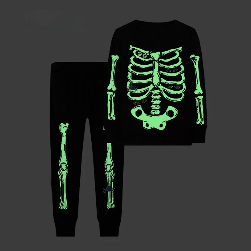 Autumn Winter Halloween Cosplay Costume Skeleton Long Sleeve Tops Long Pants Home Wear Print Pajama Two-Piece Set for Unisex 2