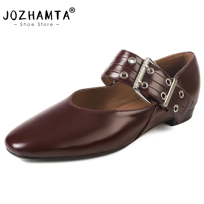 JOZHAMTA Genuine Leather Women Flats Shoes Genuine Leather Buckle Strap Low Heels Shoes Classic Square Toe Office Size 34-40