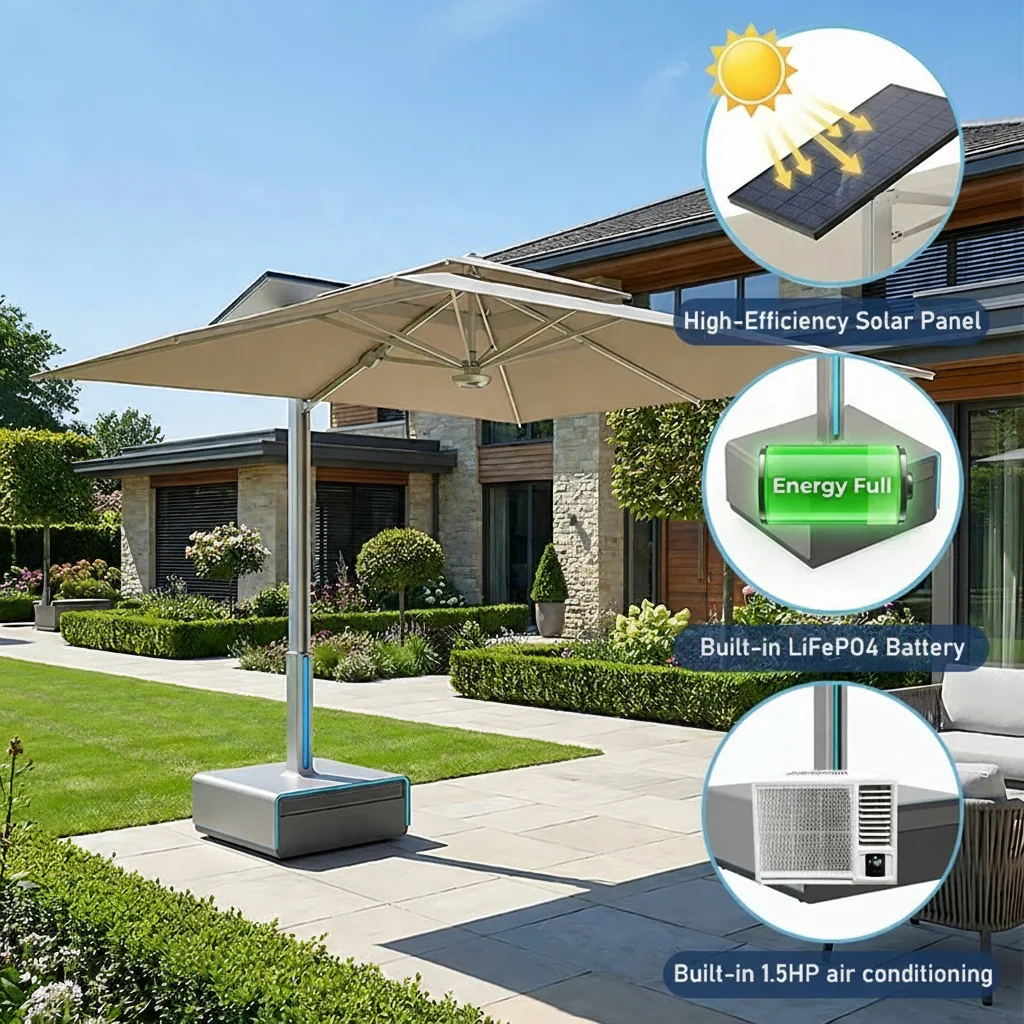 Solar Large Windproof Waterproof Cantilever Garden Parasol Commercial Outdoor Patio Umbrellas With Air Conditioner Bases