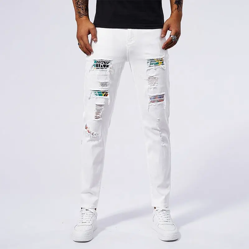 

Men White Stretch Rhinestone Ripped Skinny Jeans with Patches Slim Fit Denim Pants