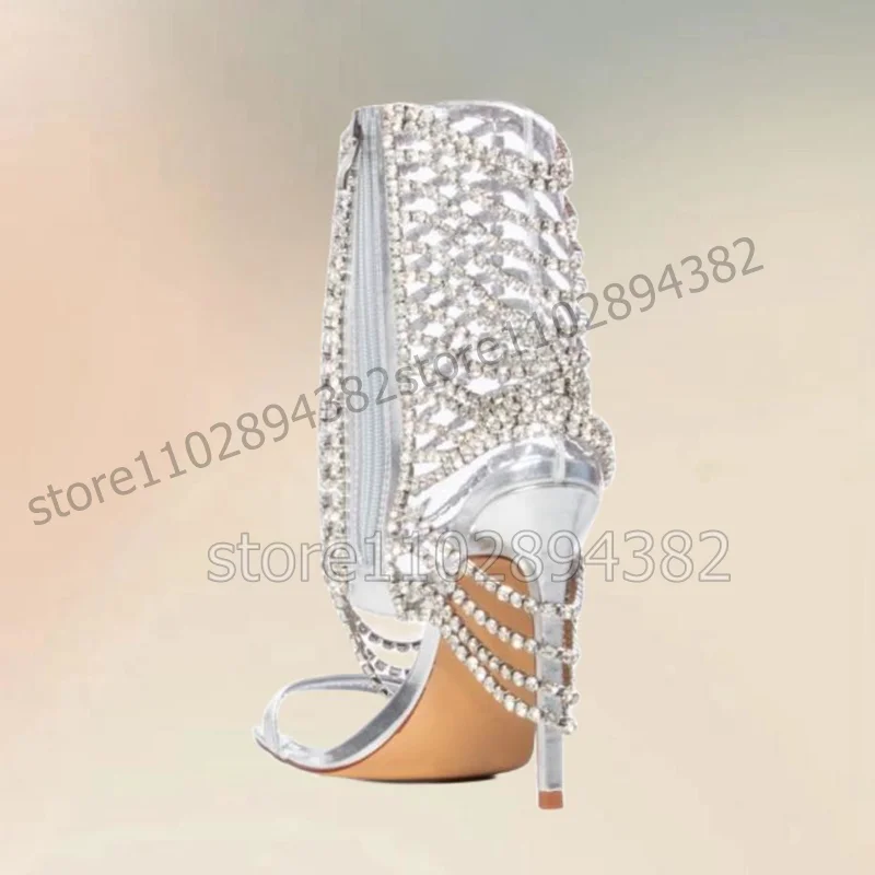 Silver PVC Crystal Chain Decor Open Toe Sandals Boots Side Zipper Women Shoes Thin High Heels Fashion 2023 Zapatos Para Mujere