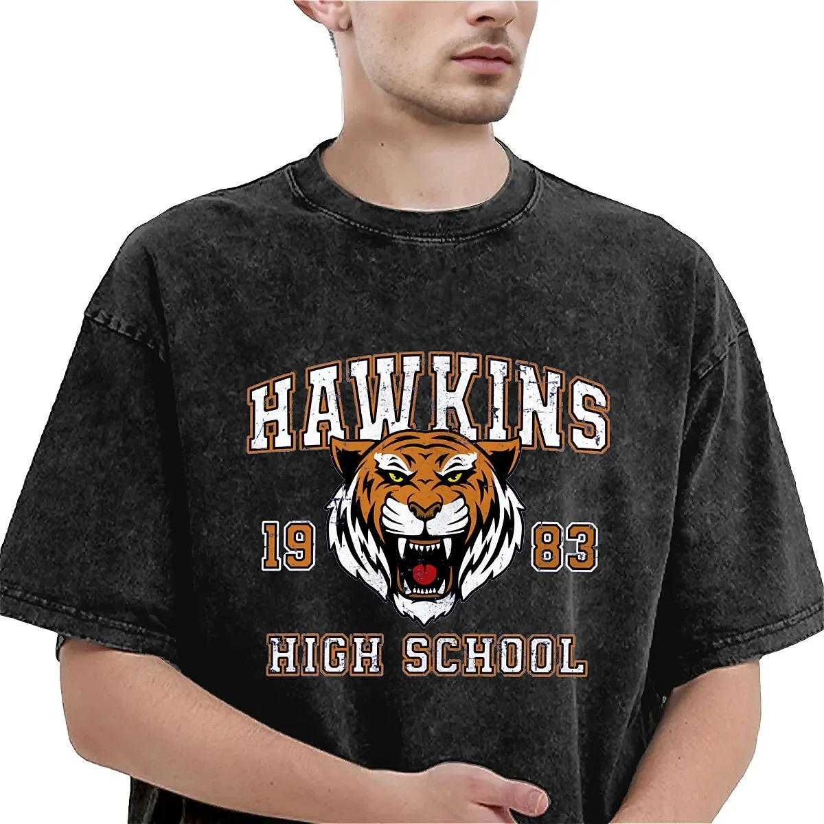 Vintage Washed T-Shirt Hawkins High School Loose T Shirts Funny Tiger Novelty Tee Shirt for Man Summer Y2K Basic Pattern Tops