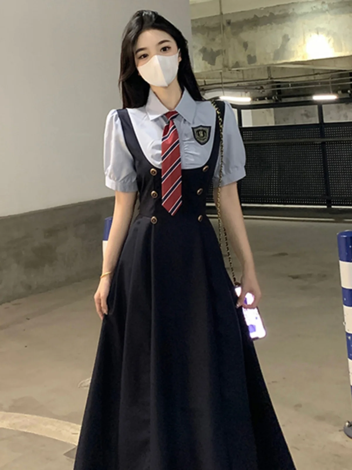 

plus Size Summer Slimming Fake Two-Piece School Uniform Style Hidden Meat Youthful Dress Women's High Waist A-Line Skirt