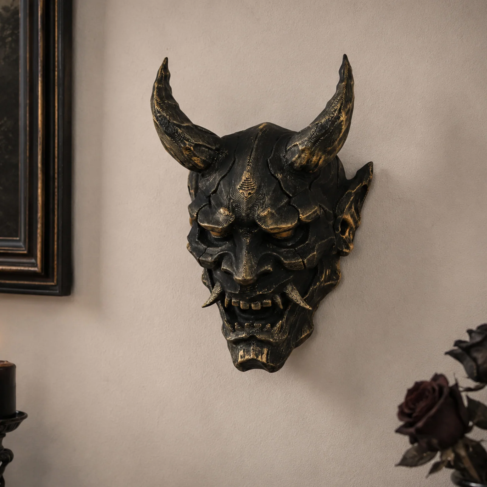 Cross-border Vintage Aged Black Gold Japanese Hannya Mask Wall Decor, Dark Style Oni Demon Face Wall Hanging Ornament