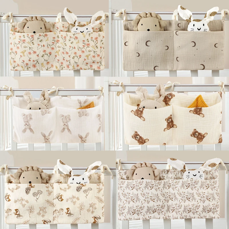 A printed multi - functional hanging diaper storage bag, an organizer for diapers and accessories in the nursery, a diaper stora