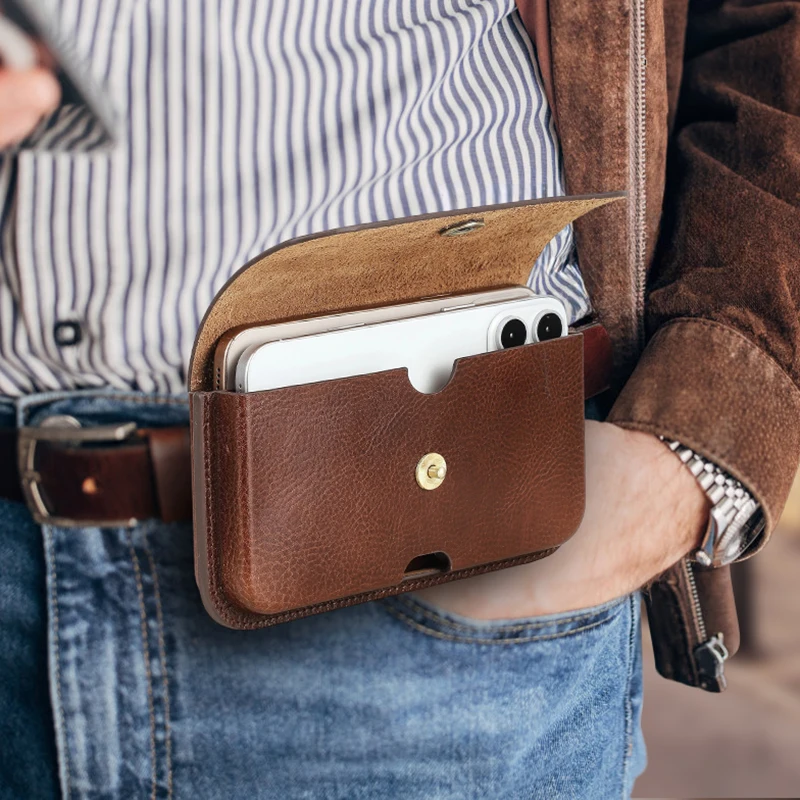 CONTACT'S Italian Vegetable Tanned Leather Waist Phone Pouch for Men Double Phone Pocket Waist Bags for 6.9