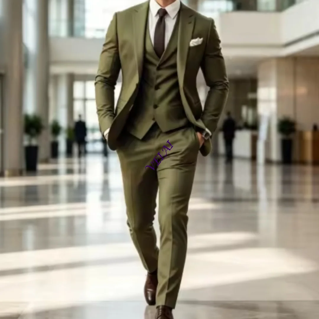 CustomizedGreen Collar White New Formal Men Suit Wedding Party Groom Groomsman Prom Business Male Tuxedos 3 Piece Set Jacket Ves