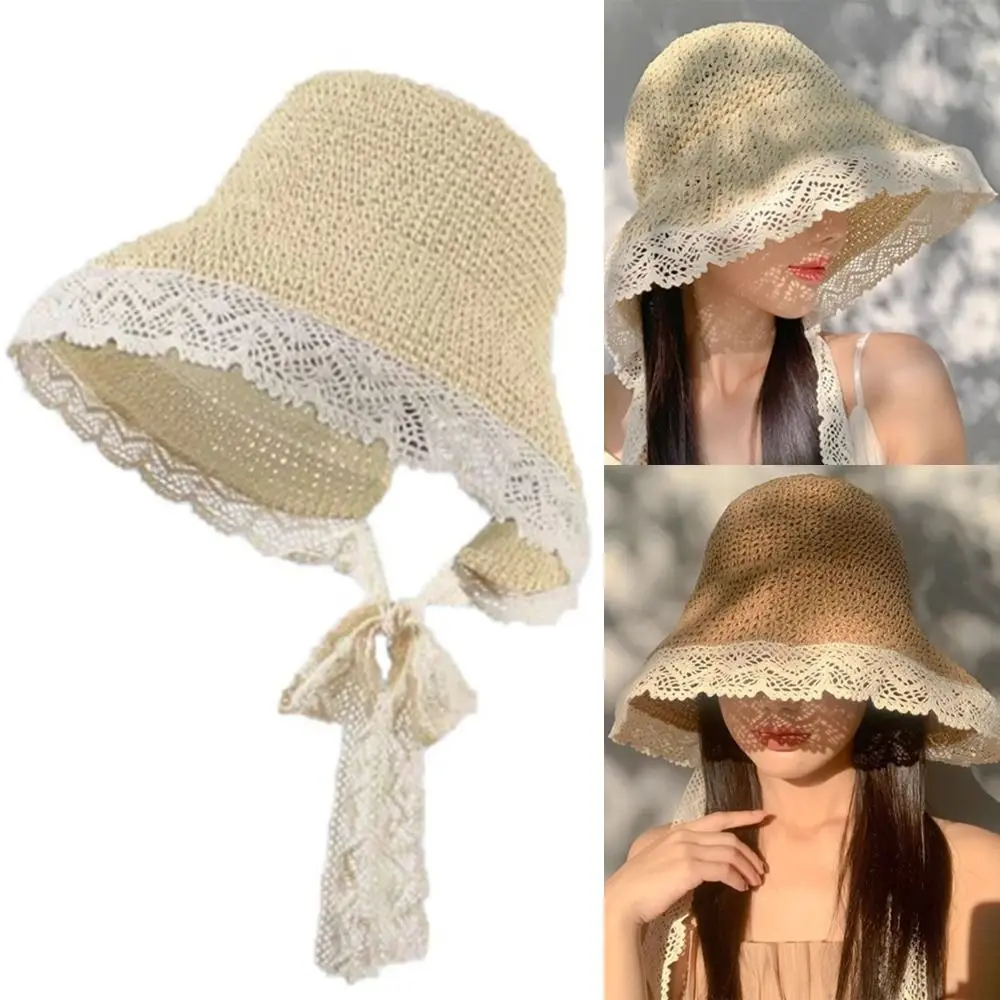 

High Quality Sun Protection Straw Hat Foldable Large Brim Lace Trim Hats UV Protect UPF 50+ Straw Sun Visors Women Girls