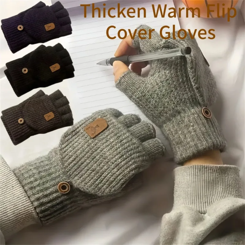Winter Knitted Fingerless Gloves Thicken Warm Flip Cover Gloves for Work Writting or Touch Screen Soft Half Finger Student Glove