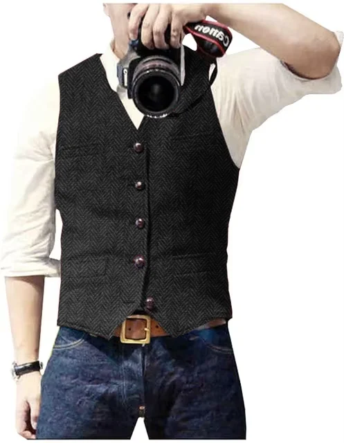 Men's Suit Vest V Neck Wool Herringbone Tweed Casual Waistcoat Formal Business Vest Groomman For Green/Black/Brown/Coffee