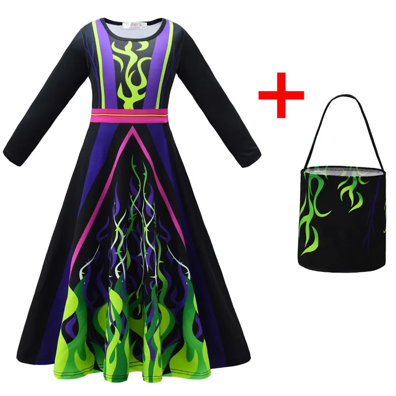 Girls Halloween Party Dress Children's Role-playing Printed Long Gown Kids Long-sleeve Vestidos With Bag Toddler Costumes